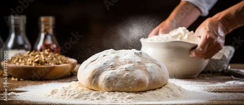 Freshly baked bread on a wooden table with flour.