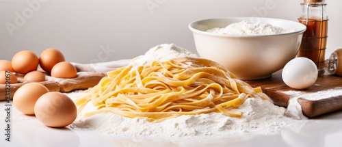 Ingredients for homemade pasta: flour, eggs, and noodles.