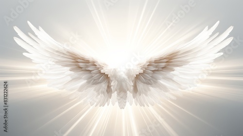 A pair of white angel wings with golden tips, illuminated by a bright light, against a grey background.