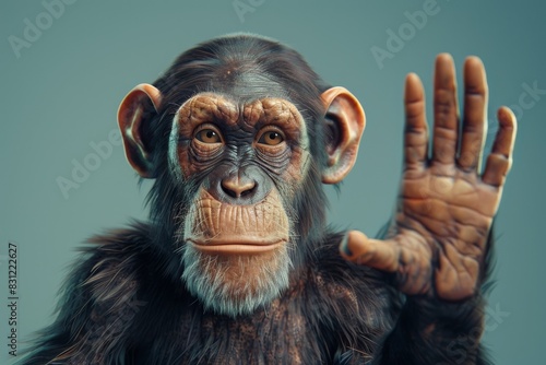 Close-up portrait of a chimpanzee raising its hand, isolated on grey background.