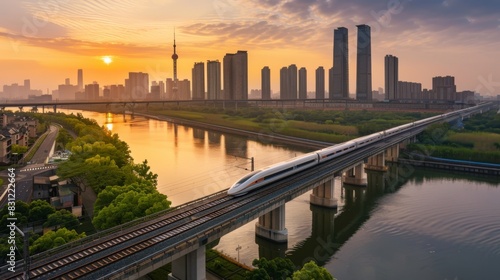 High-speed train crossing a long bridge over a river  with the city skyline in the distance  capturing the integration of urban and natural landscapes