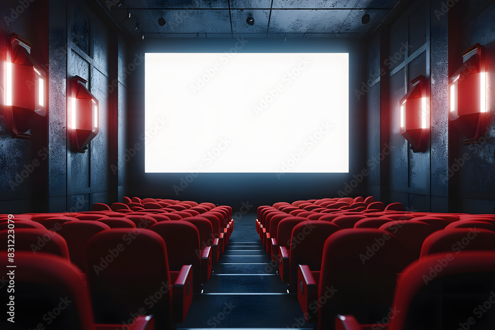 red seats and a wide white screen on the wal red seats and a wide white screen on the wal