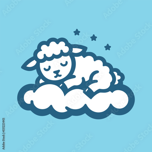 Cute little sheep sleeps on a cloud. lullaby. Logo, icon, symbol, isolated object. Blue