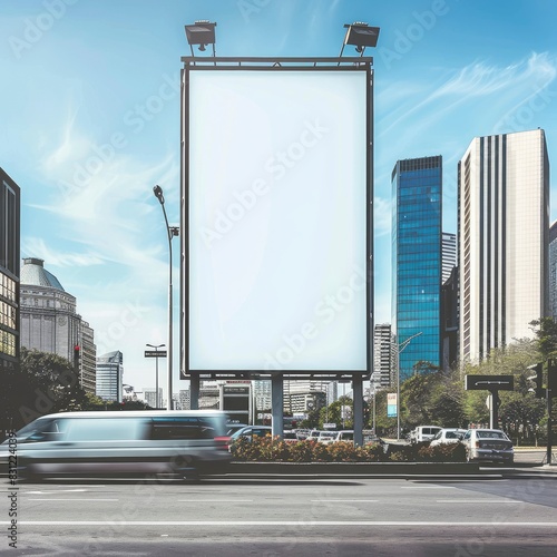 Blank mock up of vertical street poster billboard on city background with generative ai
