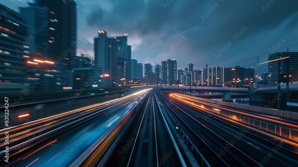 High-speed train in motion at dusk, with city lights beginning to twinkle, creating a stunning contrast between the train's sleek design and the urban backdrop
