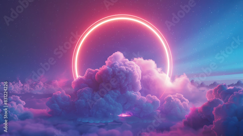 abstract cloud illuminated with a neon light ring, floating in a dark night sky, with a glowing geometric round frame