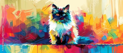 Playful Himalayan Cat illustration, vibrant pop art, colorful geometric shapes focus on, dynamic, composite, playground backdrop photo