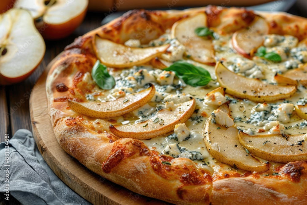 Gourmet Pear and Blue Cheese Pizza on Wooden Board with Basil Garnish Gourmet Pear and Blue Cheese Pizza on Wooden Board with Basil Garnish