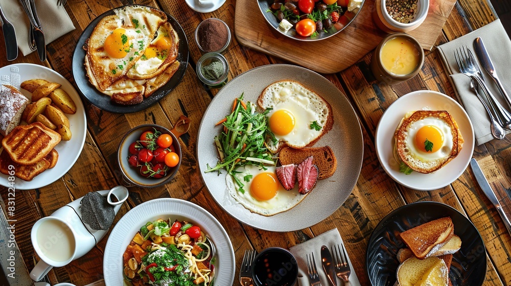 Breakfast Dishes on Restaurant Table from Above for Menu and Advertisement
Description: A variety of breakfast dishes, viewed from above, showcasing a vibrant and delicious meal. Breakfast Dishes on Restaurant Table from Above for Menu and Advertisement
Description: A variety of breakfast dishes, viewed from above, showcasing a vibrant and delicious meal.
