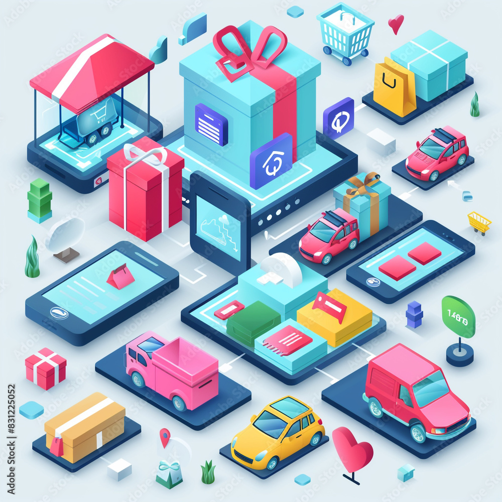 isometric icons of transport in the city