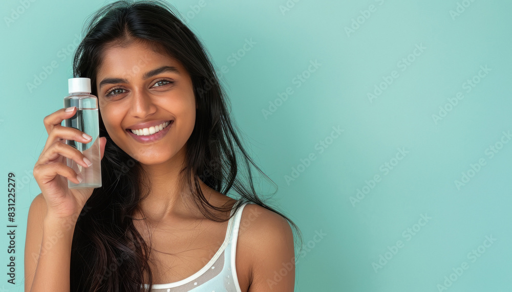 young woman holding cosmetic product bottle young woman holding cosmetic product bottle