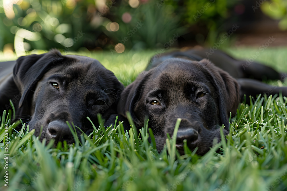 black lab puppy lying down in a grass lawn with her paws on each side of her a squished face and closed eyes. black lab puppy lying down in a grass lawn with her paws on each side of her a squished face and closed eyes.