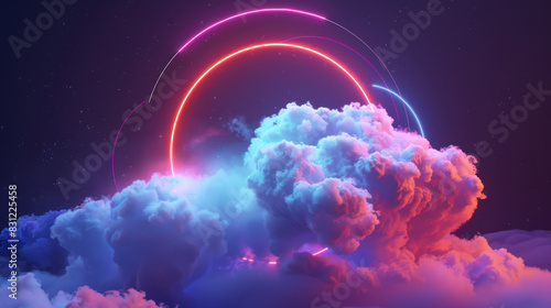 abstract cloud illuminated with a neon light ring, floating in a dark night sky, with a glowing geometric round frame