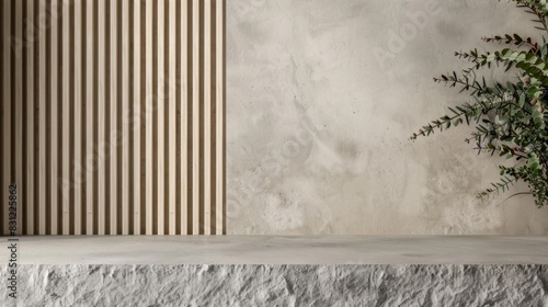 Fototapeta Naklejka Na Ścianę i Meble -  Podium for product presentation against a wall background. 3D scene made of stone with a plant. Mockup with a concrete platform with vertical wooden slats.