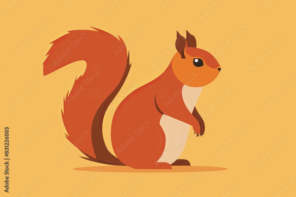 Illustrated squirrel with a bushy tail, against a yellow background, showcasing its natural beauty and charm in a minimalist style. Illustrated squirrel with a bushy tail, against a yellow background, showcasing its natural beauty and charm in a minimalist style.