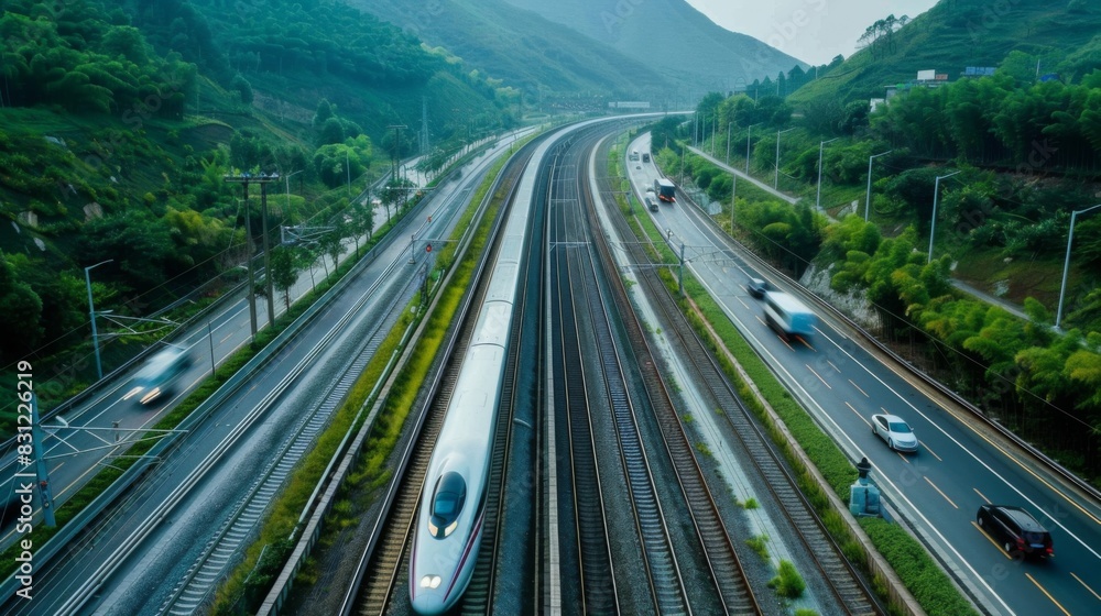 High-speed train racing alongside a highway, with cars in motion, emphasizing the speed and efficiency of rail transport compared to road travel High-speed train racing alongside a highway, with cars in motion, emphasizing the speed and efficiency of rail transport compared to road travel