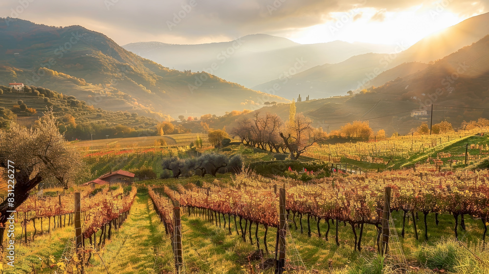 Fototapeta premium Vineyards grape farm with grapevine at sunset and mountain background.