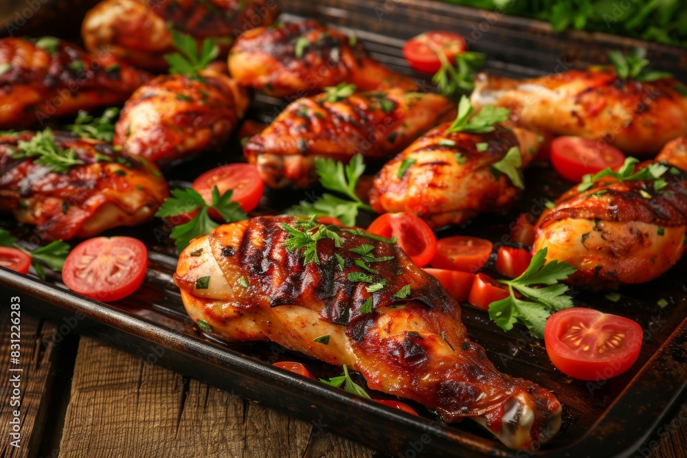 Grilled chicken legs with herbs on a baking sheet