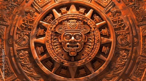 Intricate Aztec calendar stone with detailed carvings, showcasing ancient Mesoamerican art and symbolism in vibrant terracotta hues.