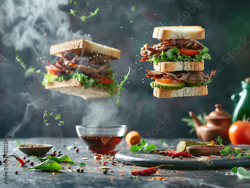 Sandwich flying over plate of food photo