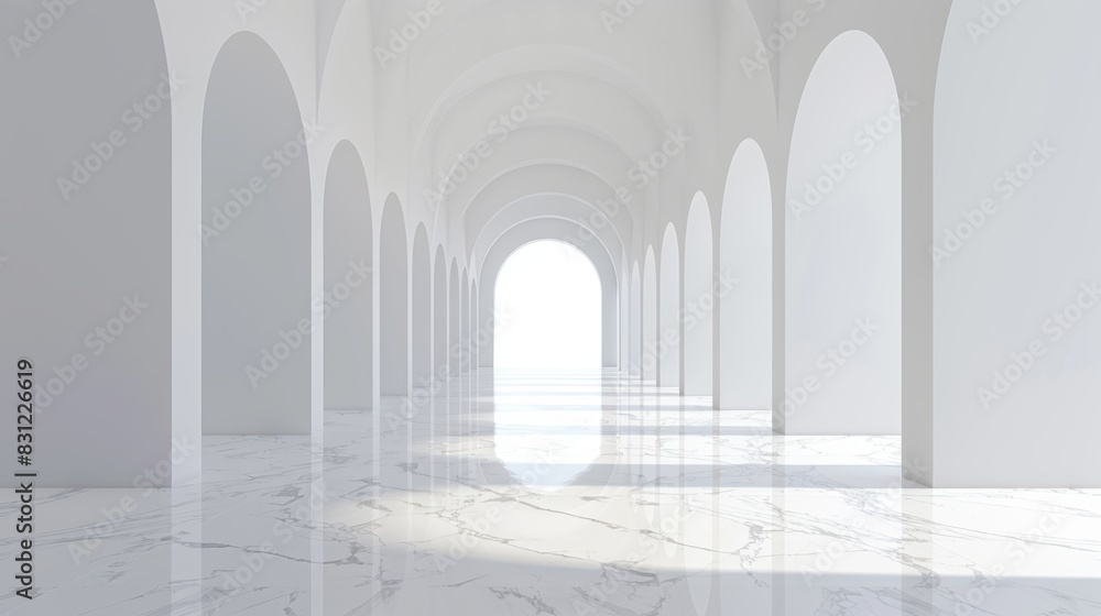 Serene white archway corridor with sunlit end and marble floor Serene white archway corridor with sunlit end and marble floor