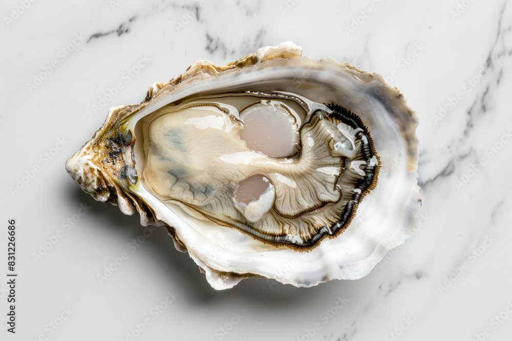 Fresh Oyster with Intricate Shell and Succulent Meat on White Background Fresh Oyster with Intricate Shell and Succulent Meat on White Background