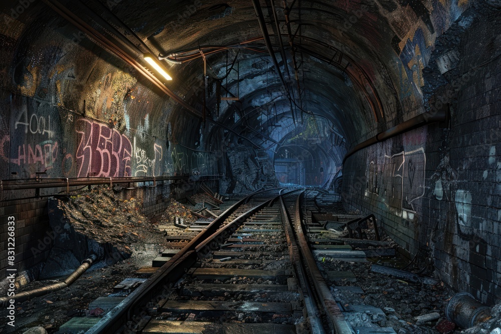 A dark dirty tunnel with graffiti on the walls A dark dirty tunnel with graffiti on the walls