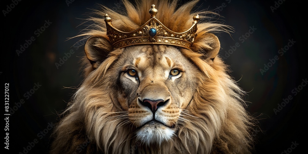 Fototapeta premium lion head portrait Illustration on a black background of a king with a crown, pride, lion king, majesty, wild animal, big mane, background, wallpaper