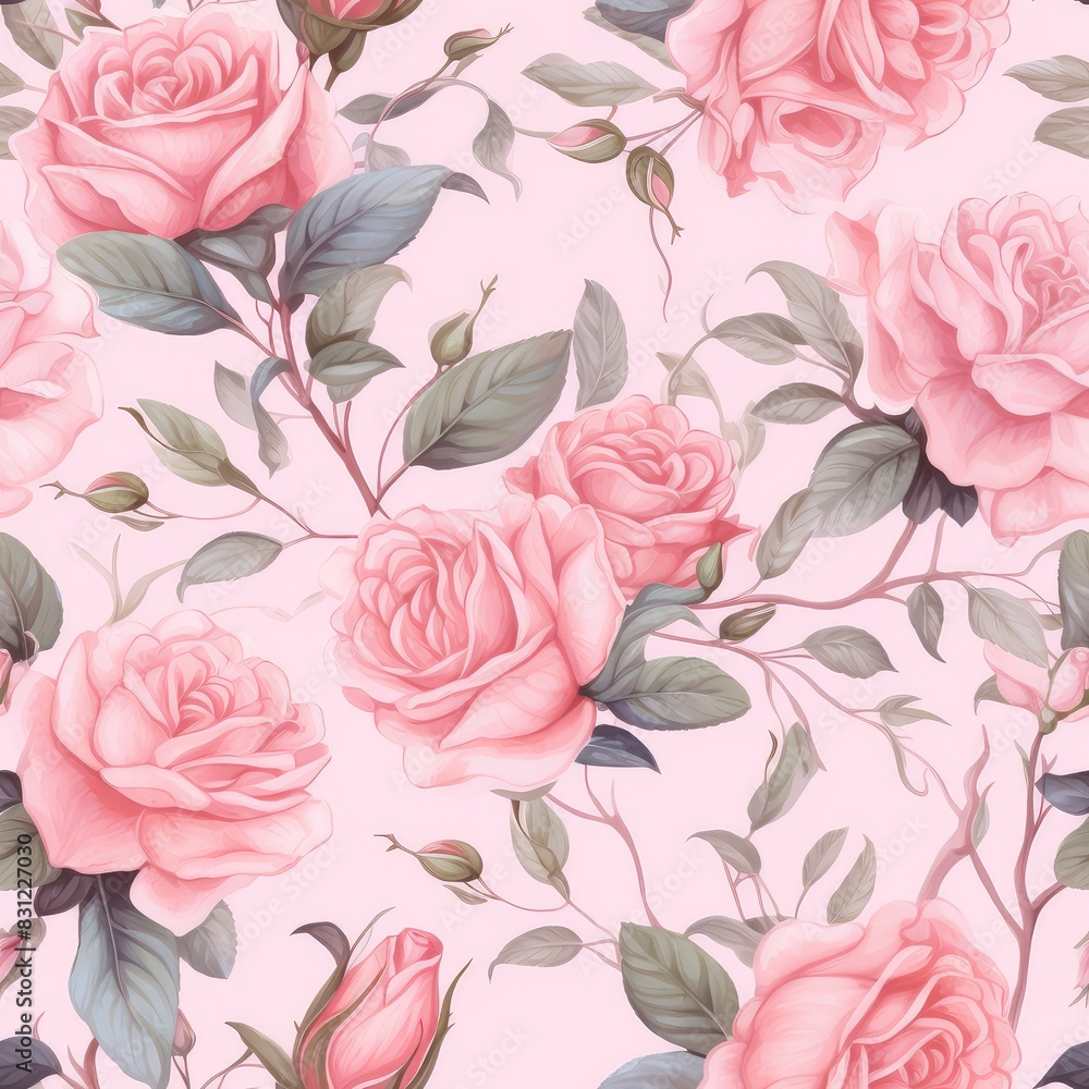 Seamless pattern, pink rose, Provence style, for clothes, watercolor.