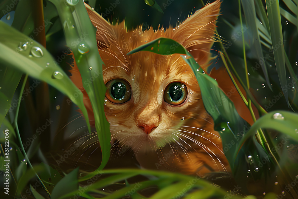 Create a modern animation style image of an orange kitten hidden amongst some foliage, the cat has large watery cartoon style eyes