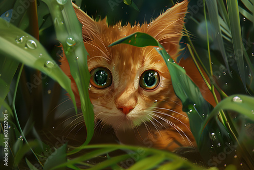 Obraz na płótnie Create a modern animation style image of an orange kitten hidden amongst some foliage, the cat has large watery cartoon style eyes w salonie