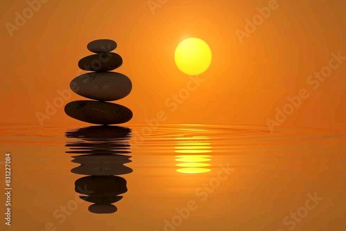 Tranquil zen stones stack at sunset with calm water reflection