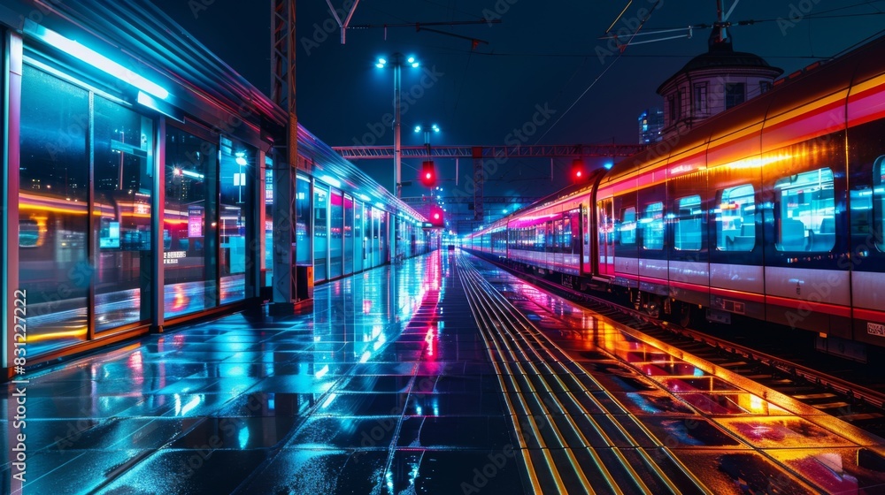 High-speed train station at night, with vibrant lights and reflections on the platform, creating a dynamic and modern urban scene High-speed train station at night, with vibrant lights and reflections on the platform, creating a dynamic and modern urban scene