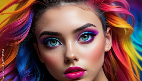 A striking close-up of a model with vibrant rainbow makeup  highlighting her expressive eyes and colorful hair. The bold and creative makeup enhances her captivating beauty  making the image ideal for