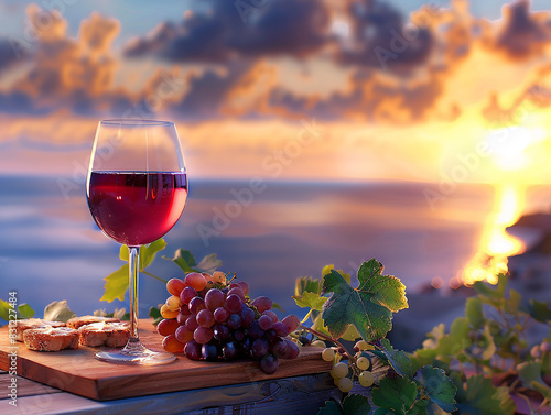 Glass of wine and grapes on table