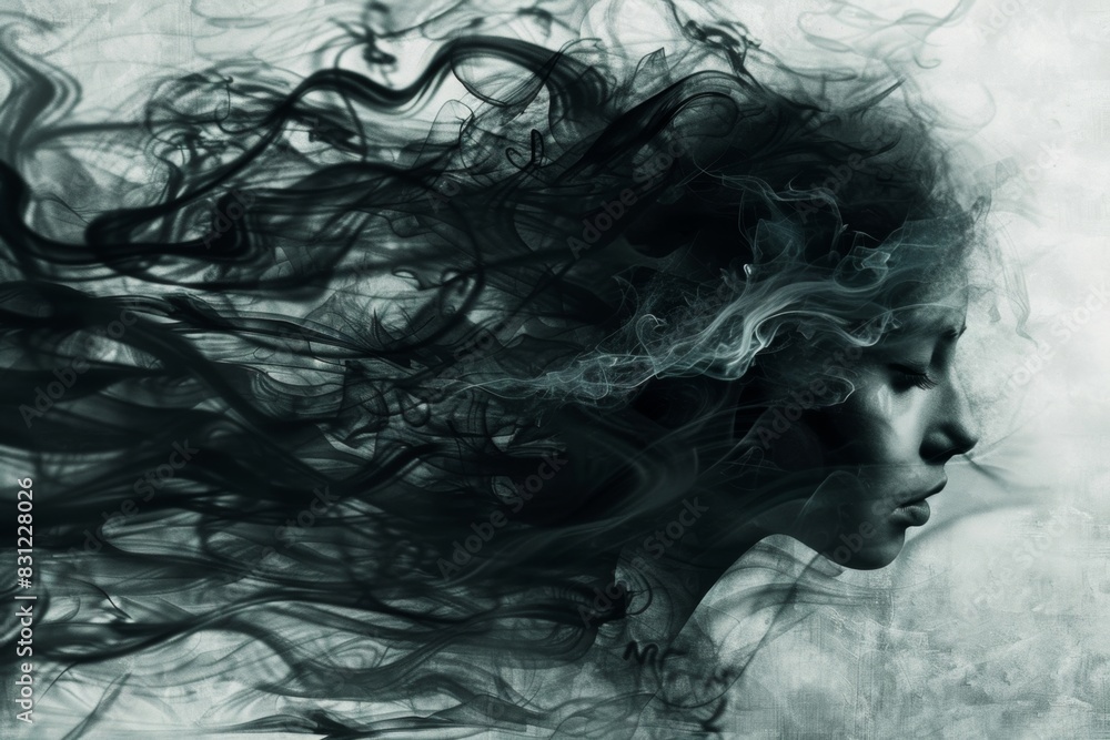 Mysterious smoke silhouette of a young woman in monochrome Mysterious smoke silhouette of a young woman in monochrome