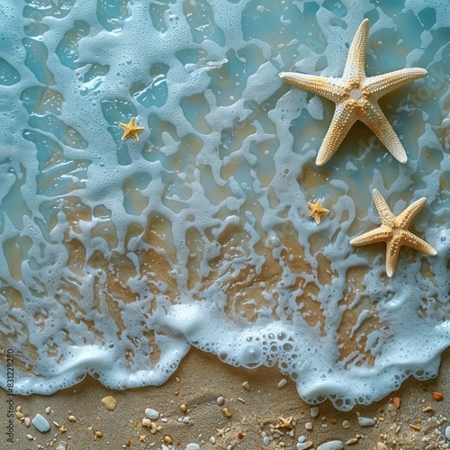 White starfish lying on the beach. The background shows calm waves with an amazing composition. reminds us of the calmest summer photo