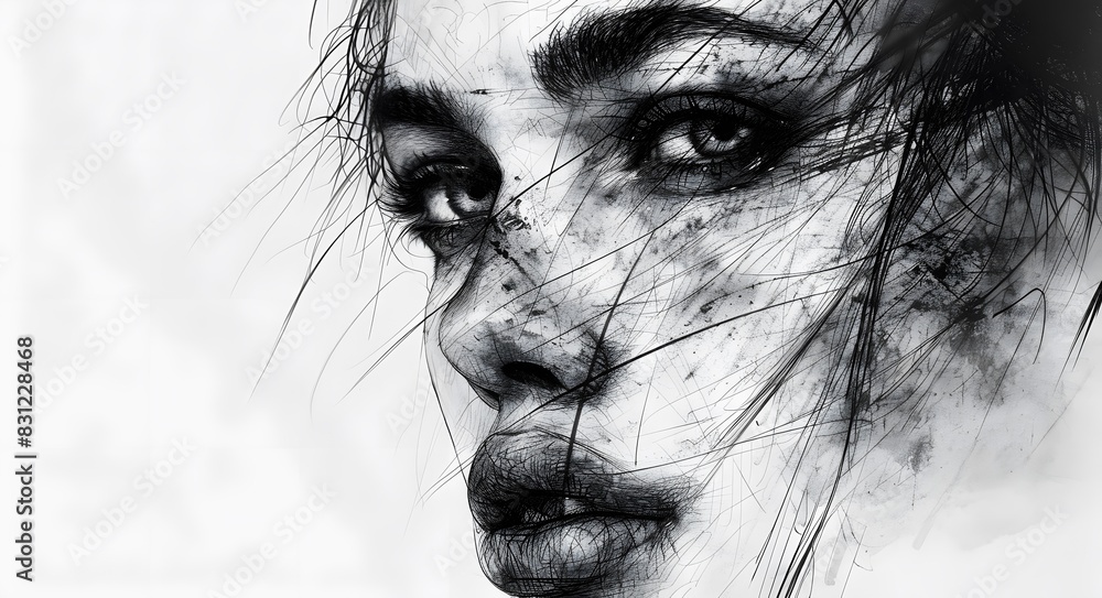 Fototapeta premium Pencil portrait sketch of a woman on white paper.
