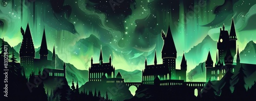a black silhouette of magical school palace against the night sky with green aurora borealis and stars