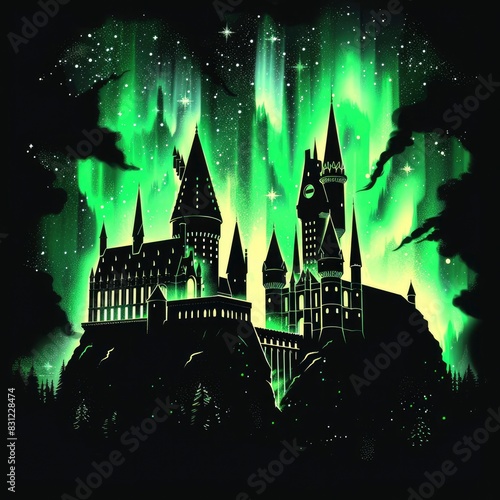 a black silhouette of magical school palace against the night sky with green aurora borealis and stars