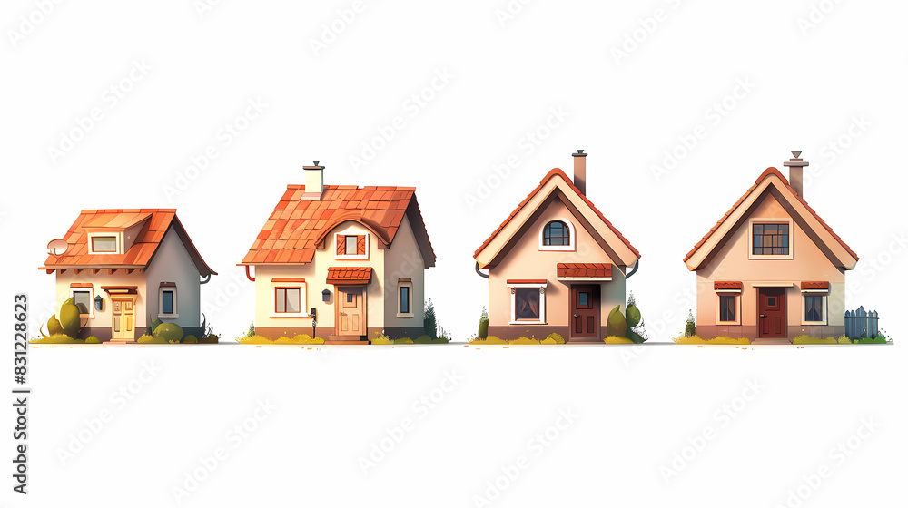 set Classic and modern family house residential apartment buildings. Real estate home property. Set Contemporary standard suburban urban village style with gable and flat roof solar panels.