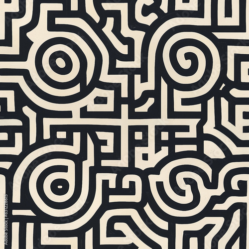 Abstract background: seamless monochromatic geometric maze-labyrinth tile
