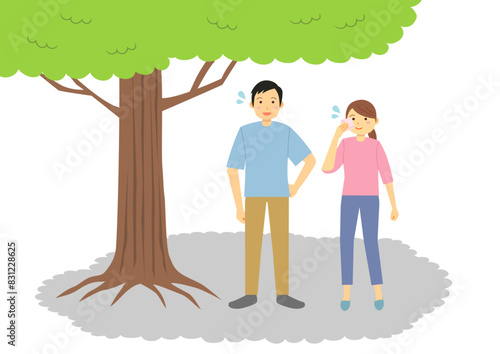 木陰で休憩する男性と女性のイラストのセット
