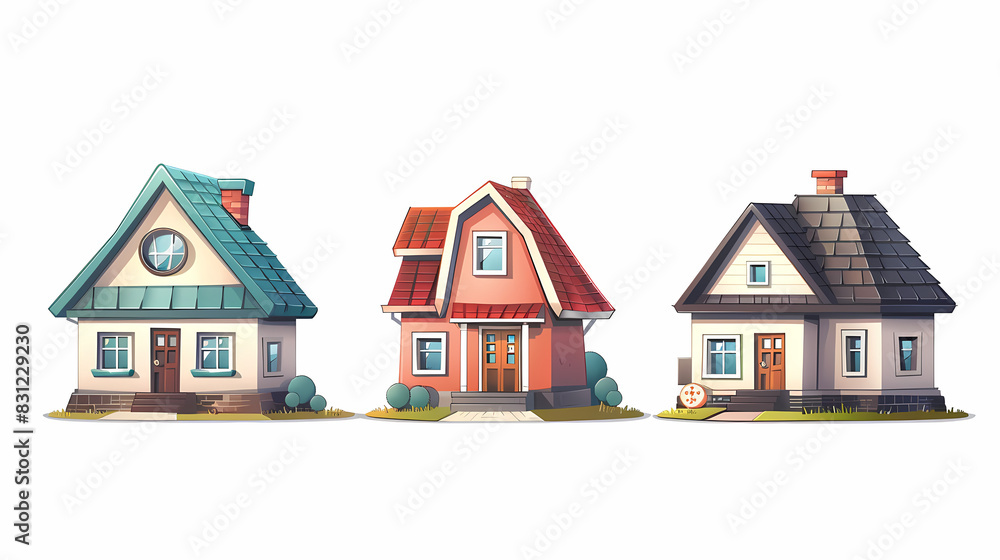 set Classic and modern family house residential apartment buildings. Real estate home property. Set Contemporary standard suburban urban village style with gable and flat roof solar panels. set Classic and modern family house residential apartment buildings. Real estate home property. Set Contemporary standard suburban urban village style with gable and flat roof solar panels.