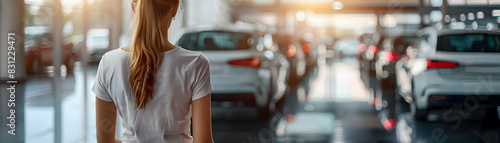 Exciting High Resolution Image: Young Woman Researching Car Models for First Purchase, Emphasizing Thorough Research and Excitement, Glossy Backdrop Stock Photo Concept