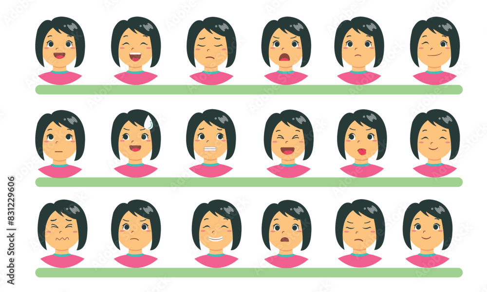 Set of cute girl emotions. Facial expression. Girl Avatar. Vector illustration of a flat design Set of cute girl emotions. Facial expression. Girl Avatar. Vector illustration of a flat design