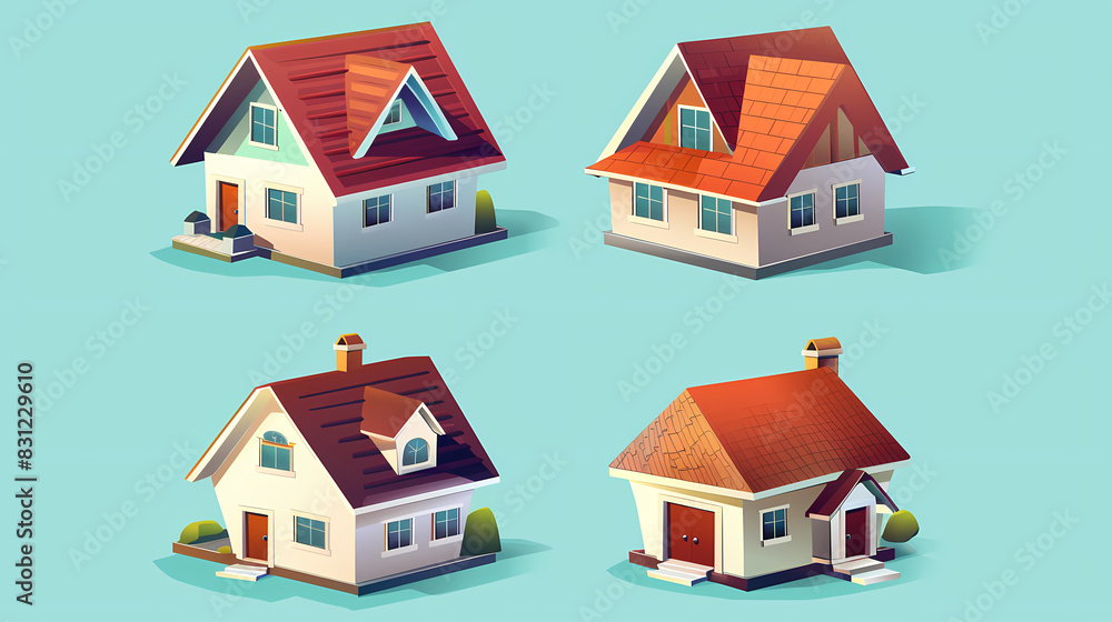 Fototapeta premium set Classic and modern family house residential apartment buildings. Real estate home property. Set Contemporary standard suburban urban village style with gable and flat roof solar panels.