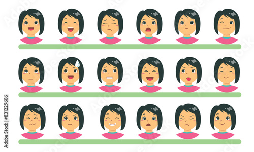 Set of cute girl  emotions. Facial expression. Girl Avatar. Vector illustration of a flat design