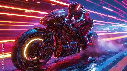 Futuristic motorcyclist racing through a neon illuminated city, dynamic sci-fi concept