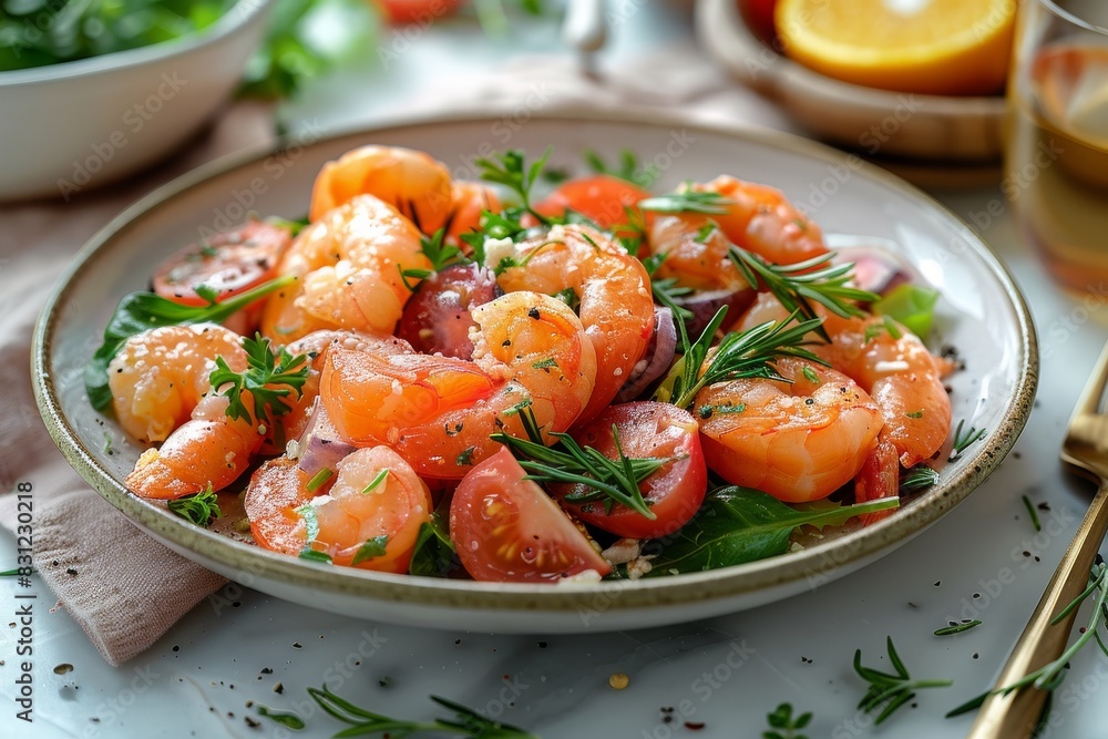 A plate of shrimp and tomatoes with parsley and lemon wedges A plate of shrimp and tomatoes with parsley and lemon wedges